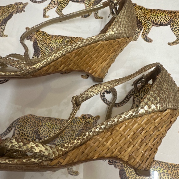 Authentic Prada pre-loved gold strappy lizard  heels/wedges - size 37 1/2 - Picture 7 of 8